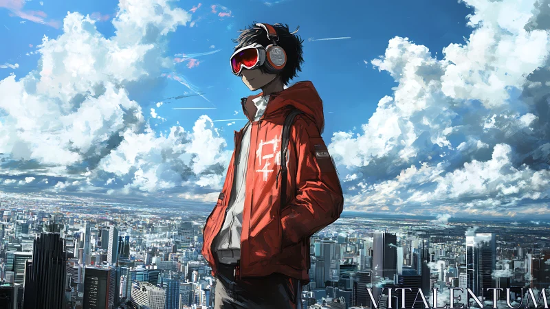 Headphoned figure in red jacket above expansive cityscape.