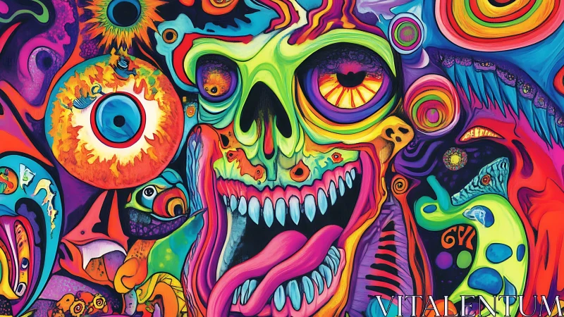 Vibrant neon skull grins amid swirling psychedelic chaos