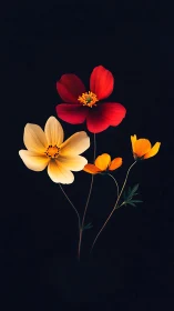 Radiant Trio: Luminous Blooms Dancing Against Darkness.