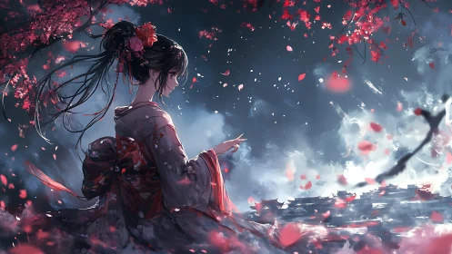 Twilight garden embraces a quiet girl in falling petals