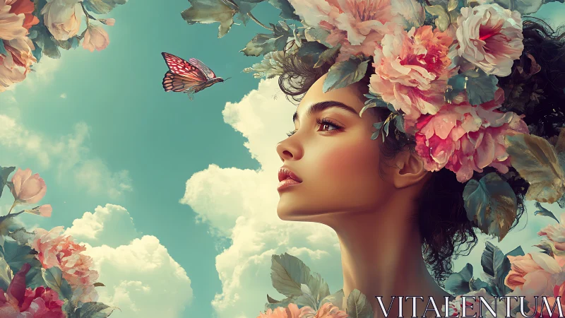 Woman with floral headdress gazing at butterfly in sky.