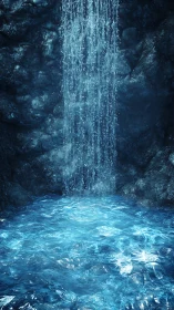 Hidden cavern waterfall whispers into a luminous blue pool