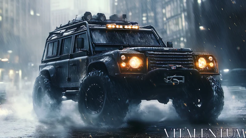 Storm‑hunting off‑road titan prowls the neon city rain.