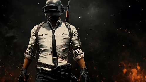 Helmeted combatant stands in front of dark, fiery backdrop