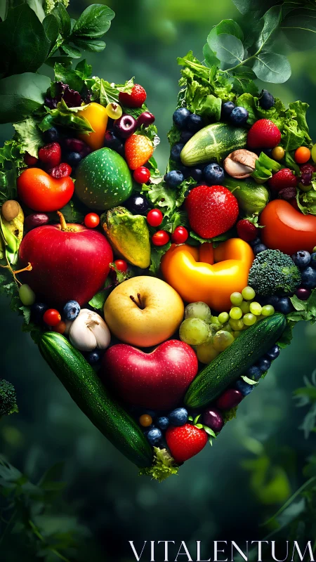 Colorful heart of fruits and vegetables glows with freshness.