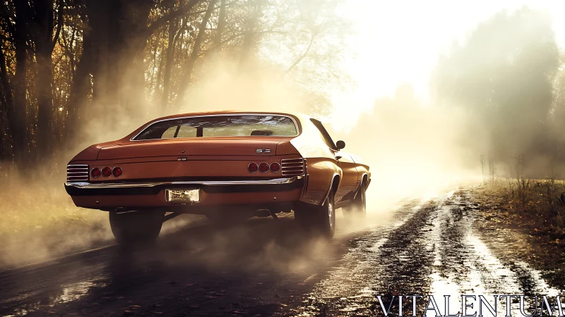 Classic muscle car on rural dirt road in backlit morning haze.