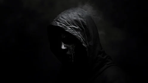 Hooded spectral figure with dripping mask in low key lighting.