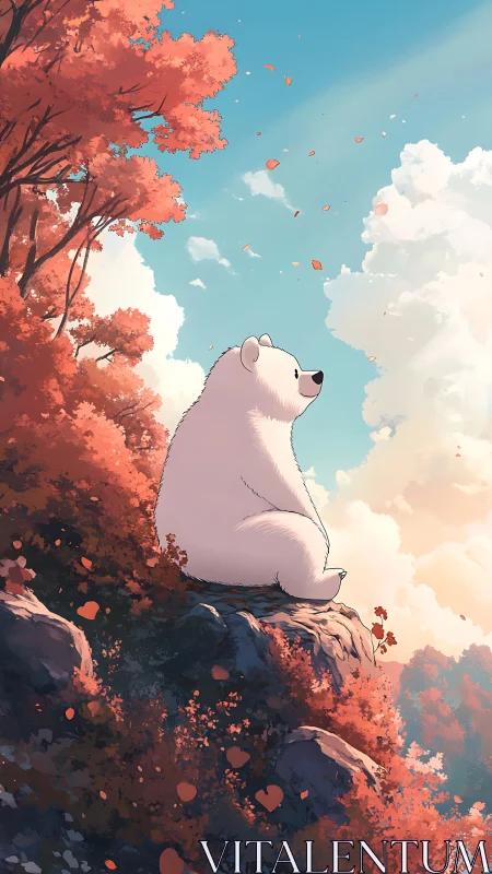 White bear on cliff amid red autumn trees and sky.