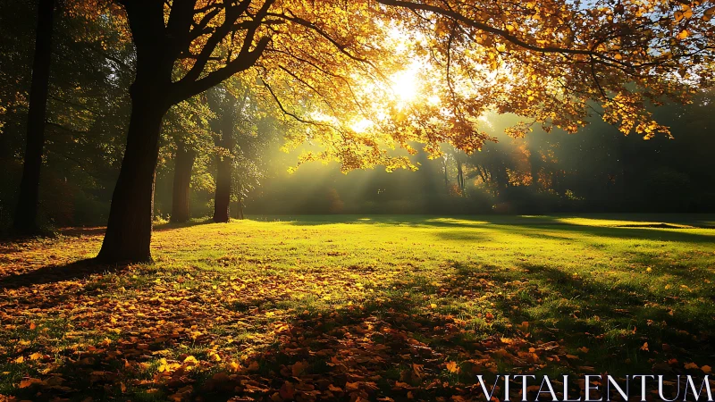 Backlit autumn canopy captures low-angle sunbeams in parkland
