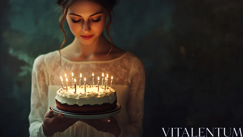 Woman holding illuminated birthday cake with lit candles.