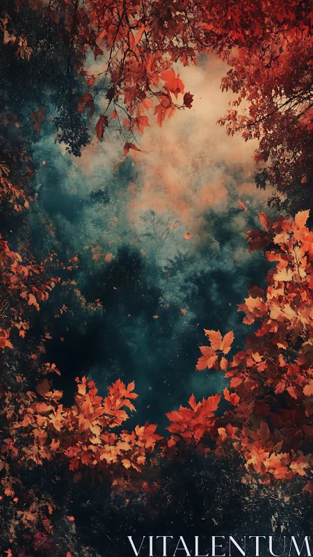 Overhead foliage frames a central void in dense autumn tones