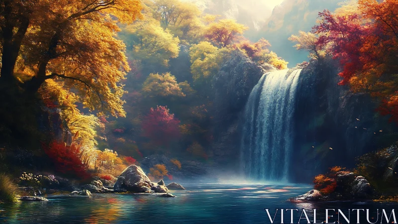 Golden forest waterfall drifting through autumn light.