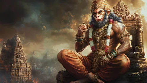 Heroic monkey deity sits before ancient temple under stormy sky