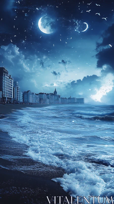 Moonlit twin skies welcome gentle waves along the city shore