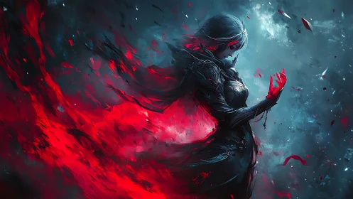 Armored figure with red energy against blue abstract field.