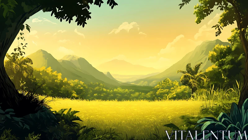 Golden sunrise meadow cradled by lush green mountains.