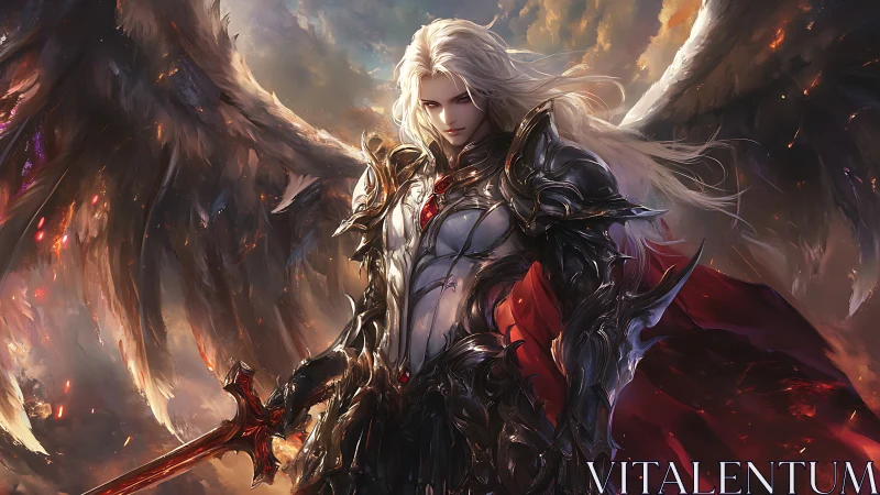 Winged armored warrior holding sword in fiery sky scene.