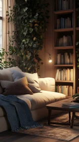Cozy reading nook with soft sofa, warm light, and greenery.