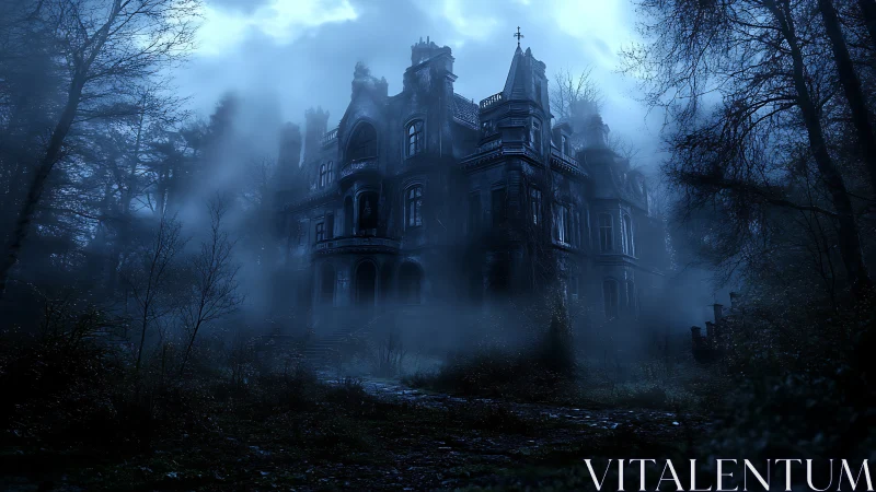 Gothic mansion in nocturnal fog, moody digital painting composition.