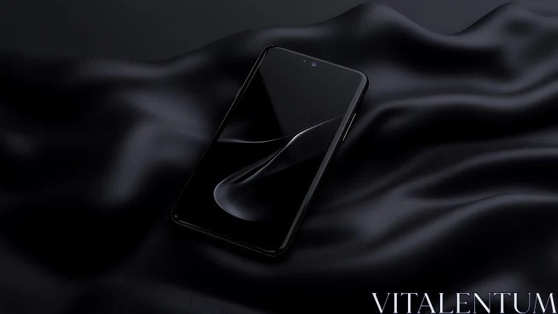 Black smartphone reflects soft highlights on satin fabric