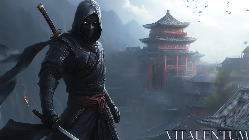 Hooded ninja watches over misty fortress city at dawn.
