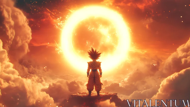 Backlit warrior facing plasma halo in volumetric cloudscape.