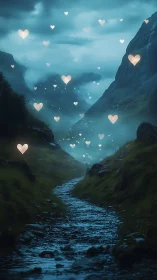 Mountain gorge path with luminous floating heart shapes.