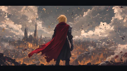 Armored figure observing burning cityscape from ridge.