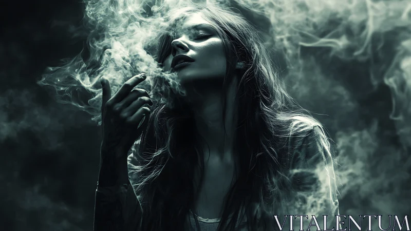 Ethereal woman emerging through swirling monochrome smoke.