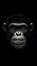 Bold chimpanzee portrait glows gently against deep black