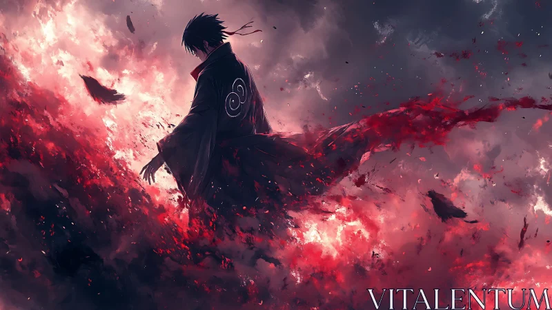 Solitary warrior dissolving into crimson stormfire clouds.