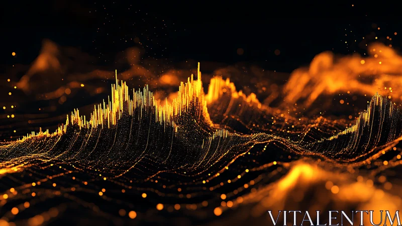 Glowing particle landscape forms dynamic digital waveform
