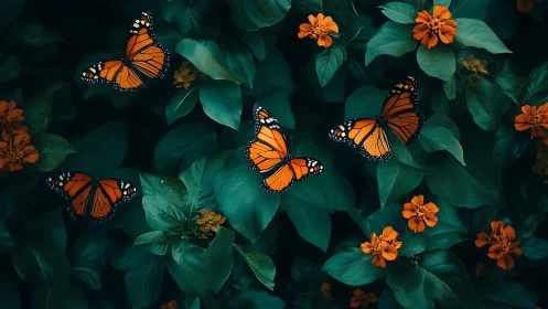 Photorealistic monarch butterflies over deep emerald foliage.