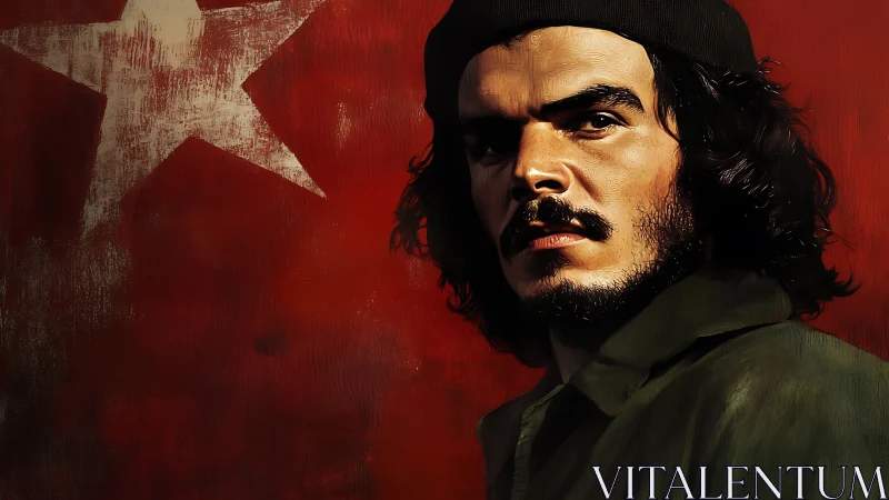 Revolutionary portrait contrasts intense gaze and red star