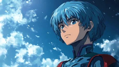 Blue haired anime hero gazes upward beneath radiant sky.