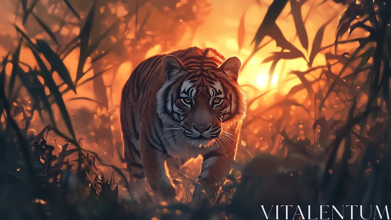 Low-angle tiger approach in volumetric backlit jungle glow.
