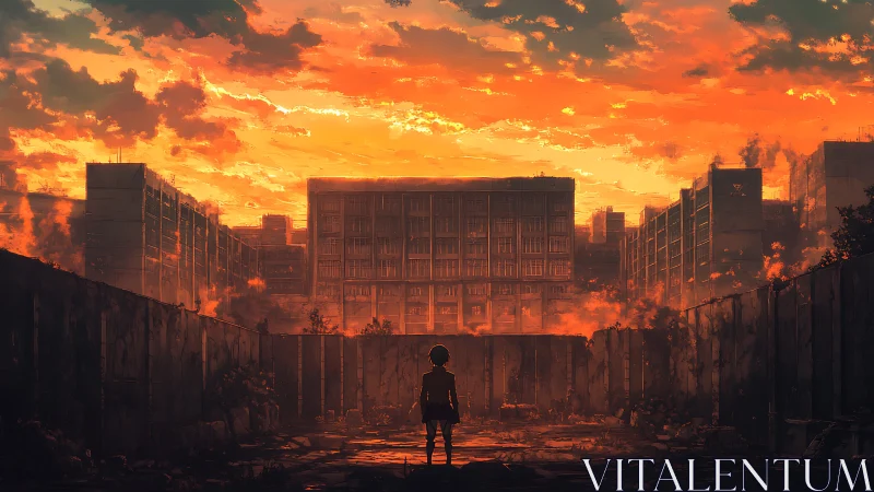 Lone figure confronts ruined city beneath burning sunset sky