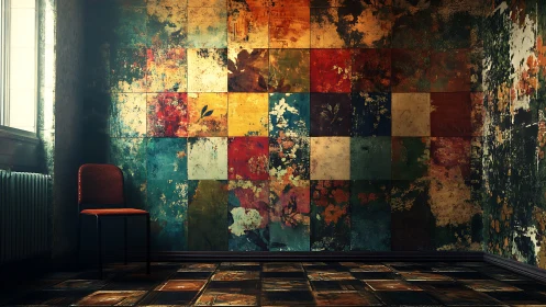 Vintage chair against distressed abstract patchwork mural