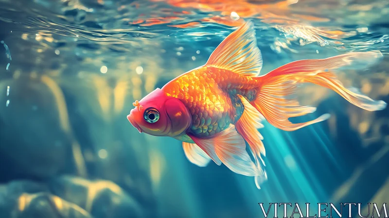 Vibrant goldfish swims through sunlit blue water column