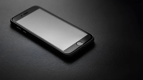 Smartphone with blank screen positioned diagonally on dark textured surface.