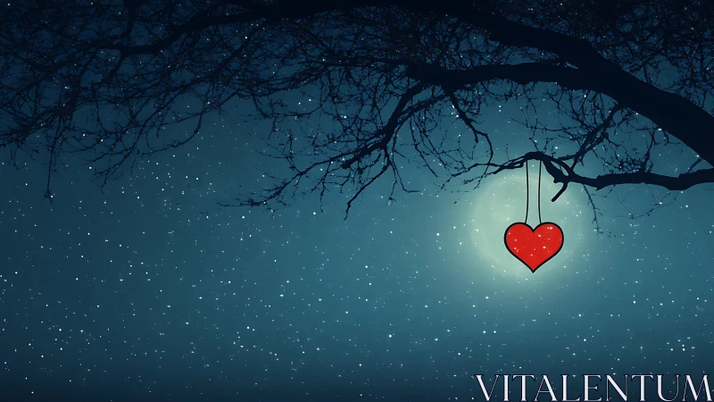 Red Heart Suspended Beneath Winter Branches Under Starlight.