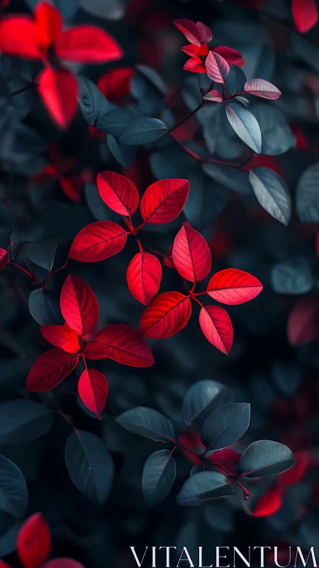 Red foliage contrasted against dark teal leaves backdrop.