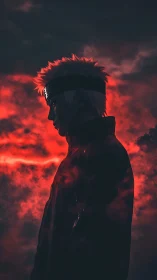 Storm-lit ninja silhouette broods in crimson thunder sky.