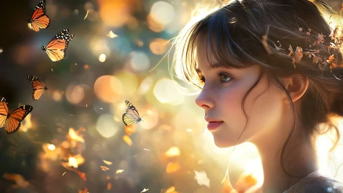 Girl observes monarch butterflies in glowing forest light