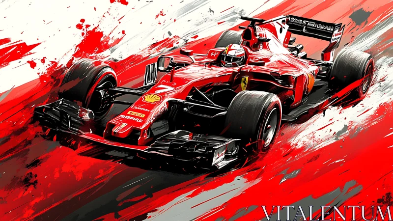 Red Formula 1 car explodes through abstract race streaks.