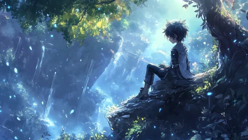 Anime boy seated on tree root above luminous forest valley.