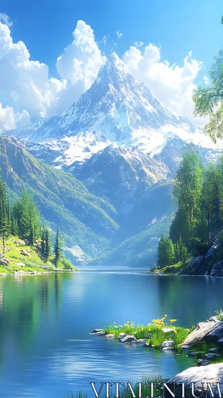 Snowcapped titan leans over a glassy alpine lake in silence