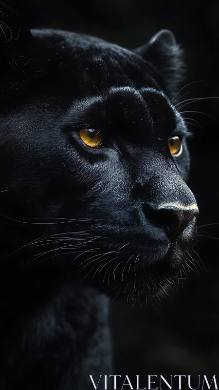 Black Panther Portrait with Golden Eyes Against Dark.