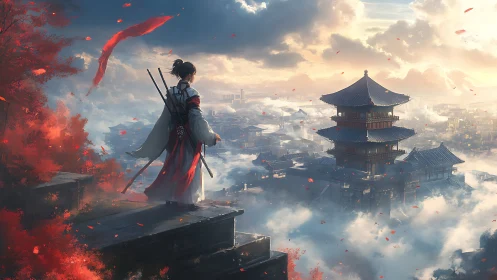 Samurai sentry overlooking misted pagoda city at sunrise