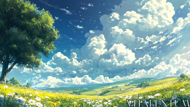 Sunlit meadow stretches under friendly clouds and bright sky